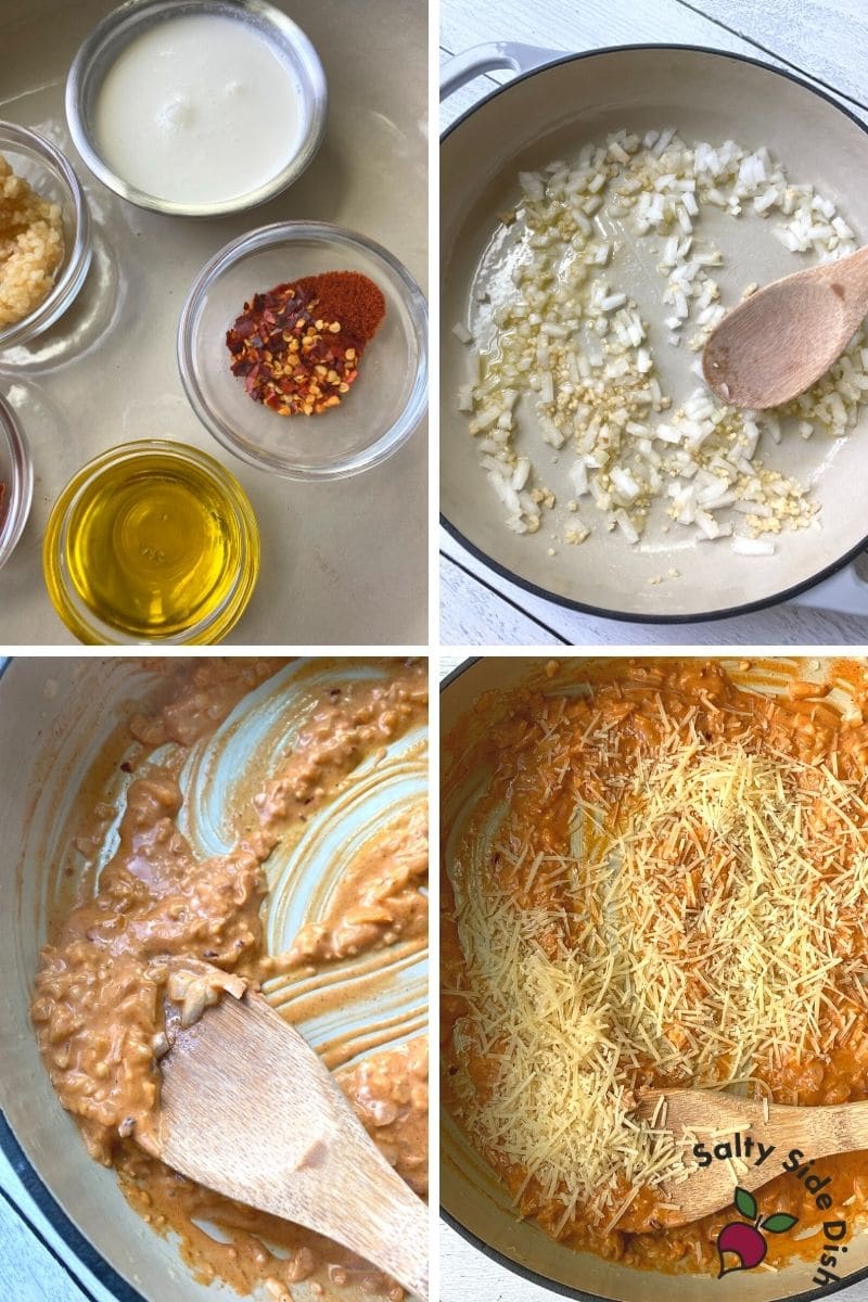 spices, onions and garlic saute, creating the pasta sauce - collage of images