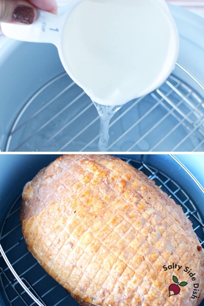 Cooking Ham in the Ninja Foodi, pour in water and place ham on the rack