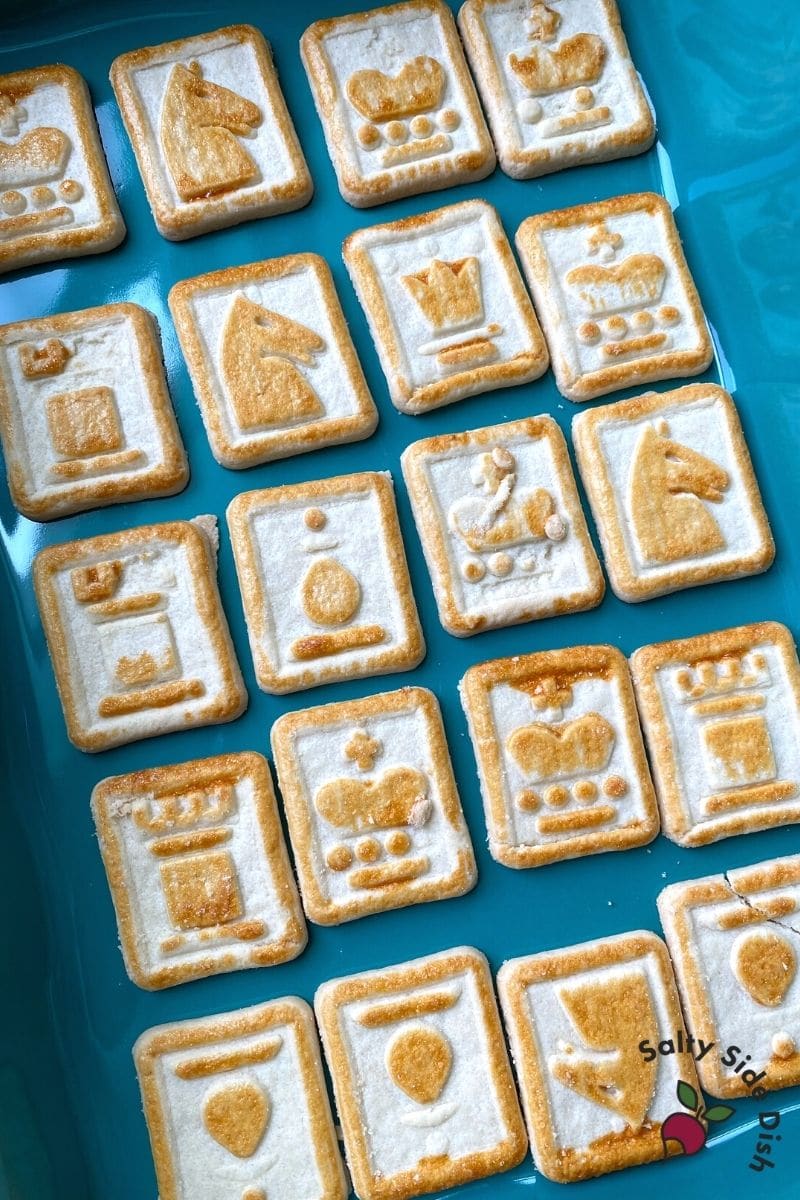 Chessman cookies lined into a casserole dish as a crust