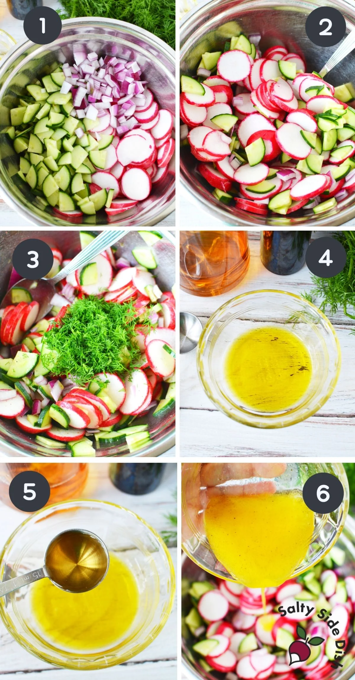 collage of cucumber radish salad being made with homemade dressing.