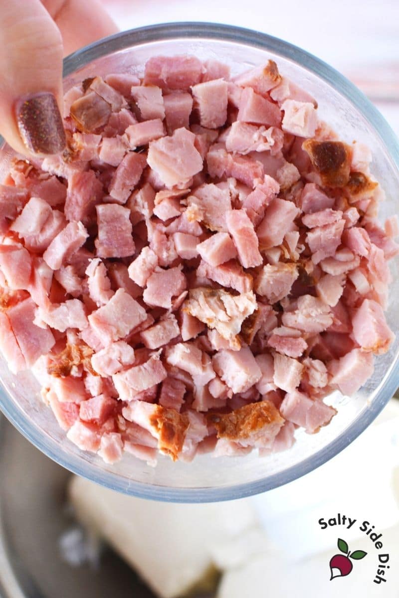 bits of diced ham in a bowl ready for an appetizer recipe