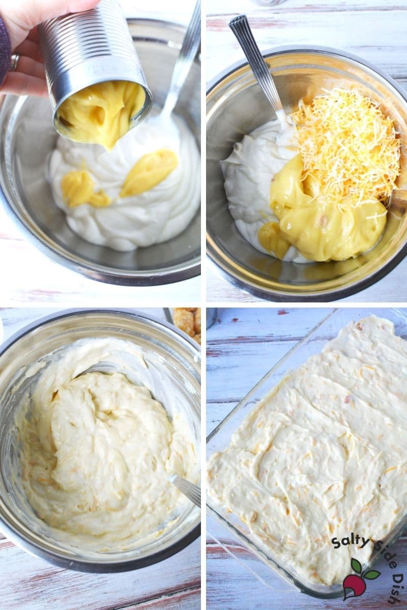 cream of chicken soup with sour cream and cheddar cheese is the tater tot topping