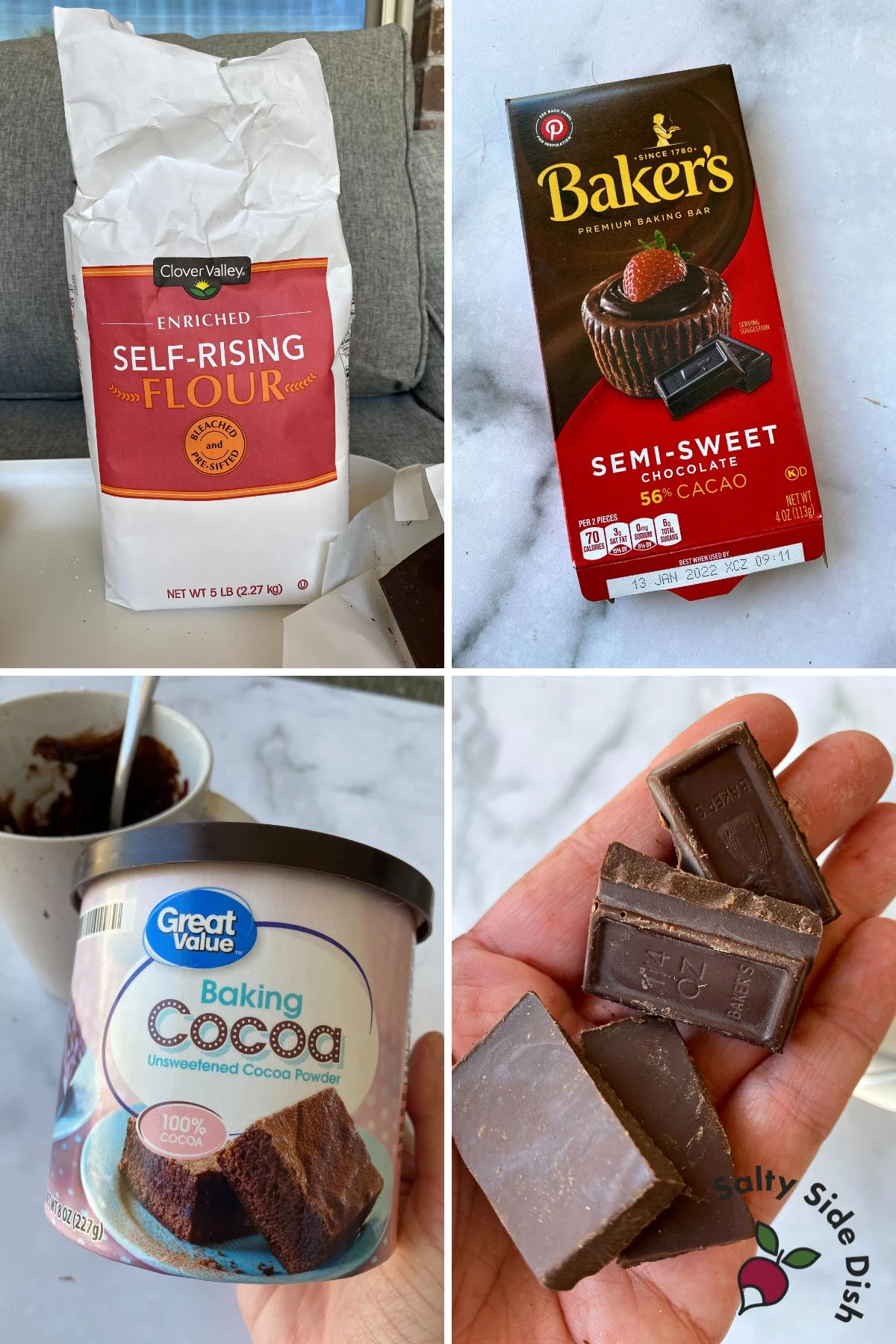 collage of ingredients for molten lava mug cake.