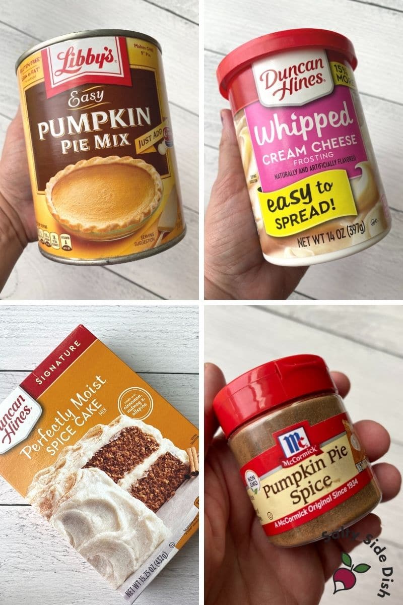 pumpkin pie dump cake ingredients listed in a collage image
