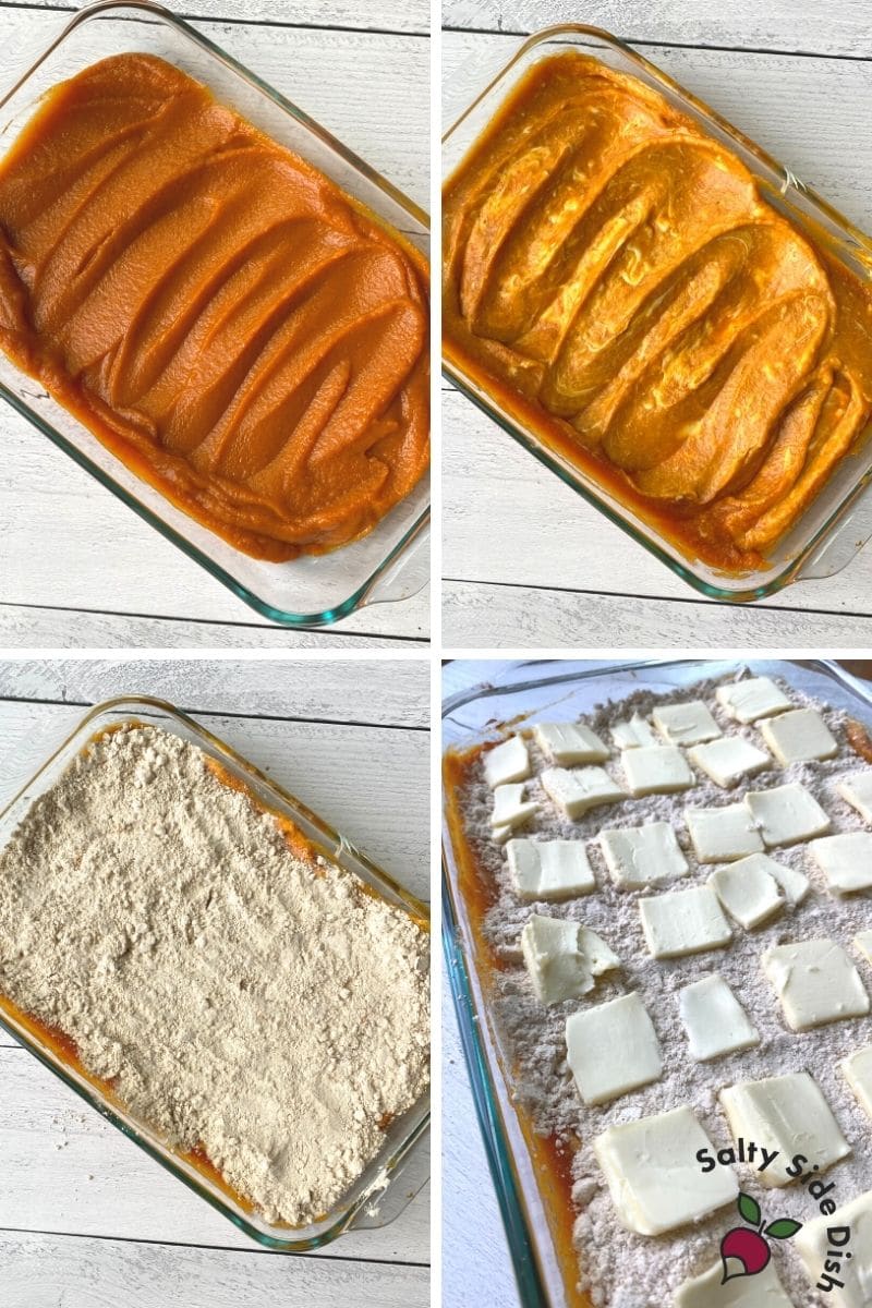 collage of pumpkin pie mix, cream cheese frosting, cake mix and then butter pats all over casserole pan