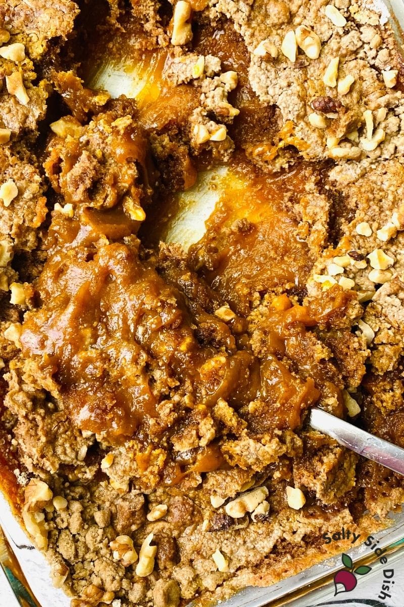 pumpkin dump cake in a casserole dish