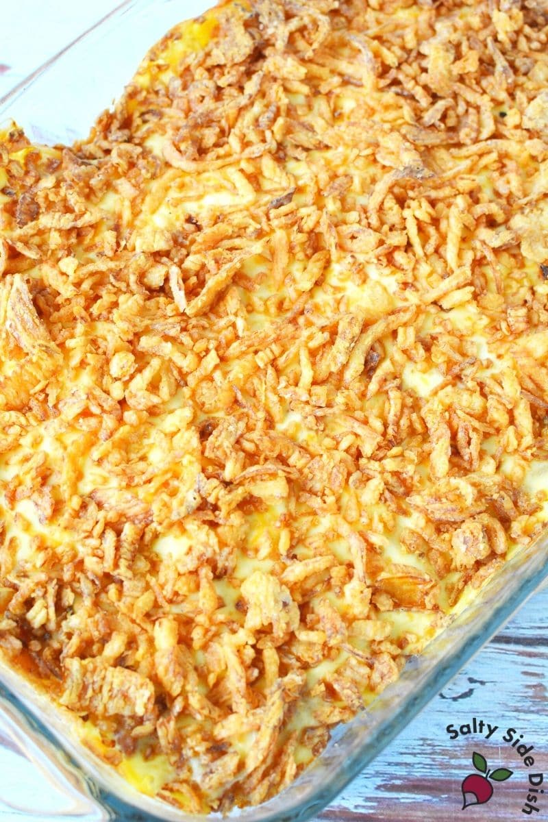 Loads of french fried onions on top of baked tater tot casserole right out of the oven