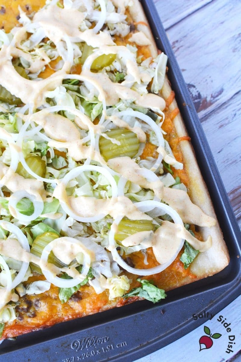 big mac pizza with onions and delicious pickles