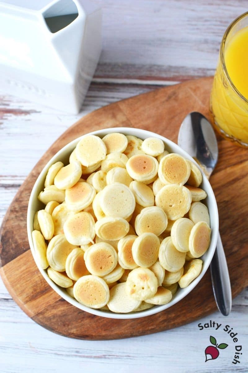 super simple mini pancake cereal in a bowl