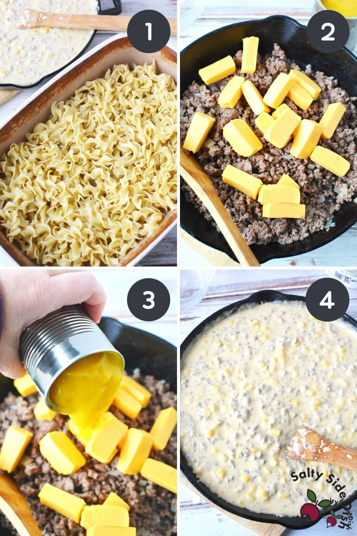 hamburger hotdish being made with Velveeta cheese.