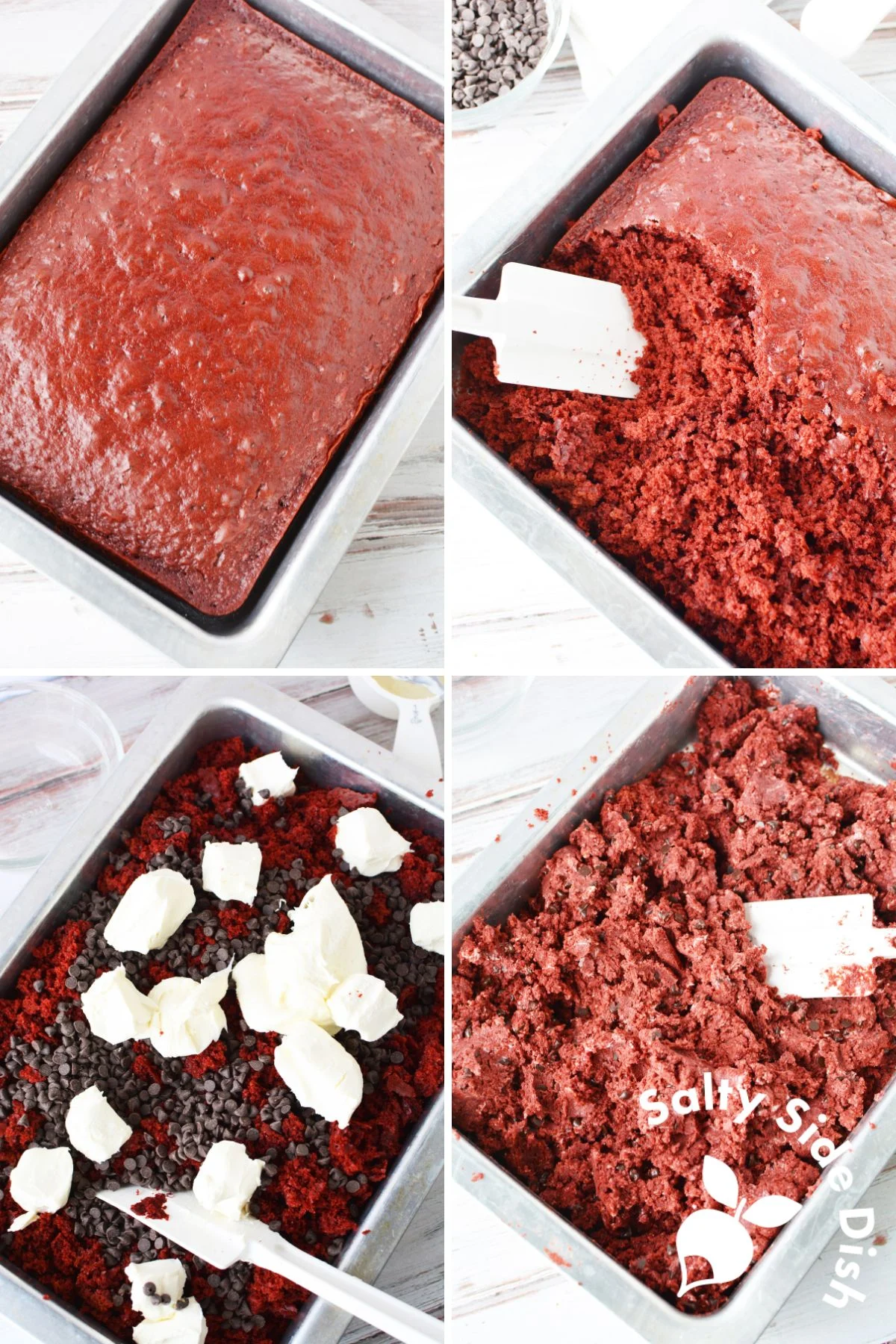 adding cream cheese, frosting, and chocolate chips to cake mix.