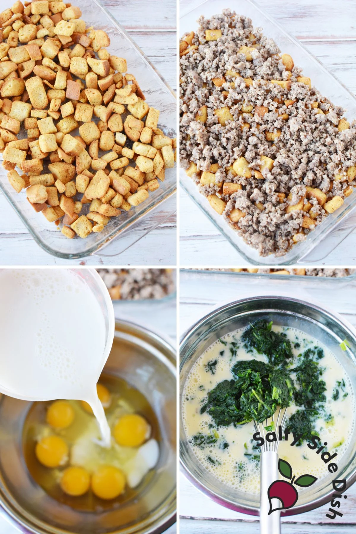 assembling of mushroom, spinach, and sausage casserole.