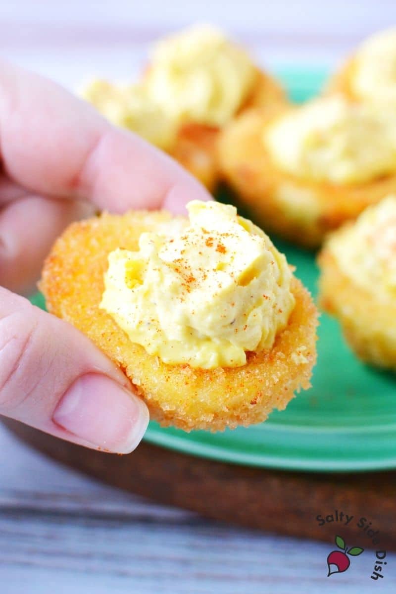 close up of fried deviled eggs