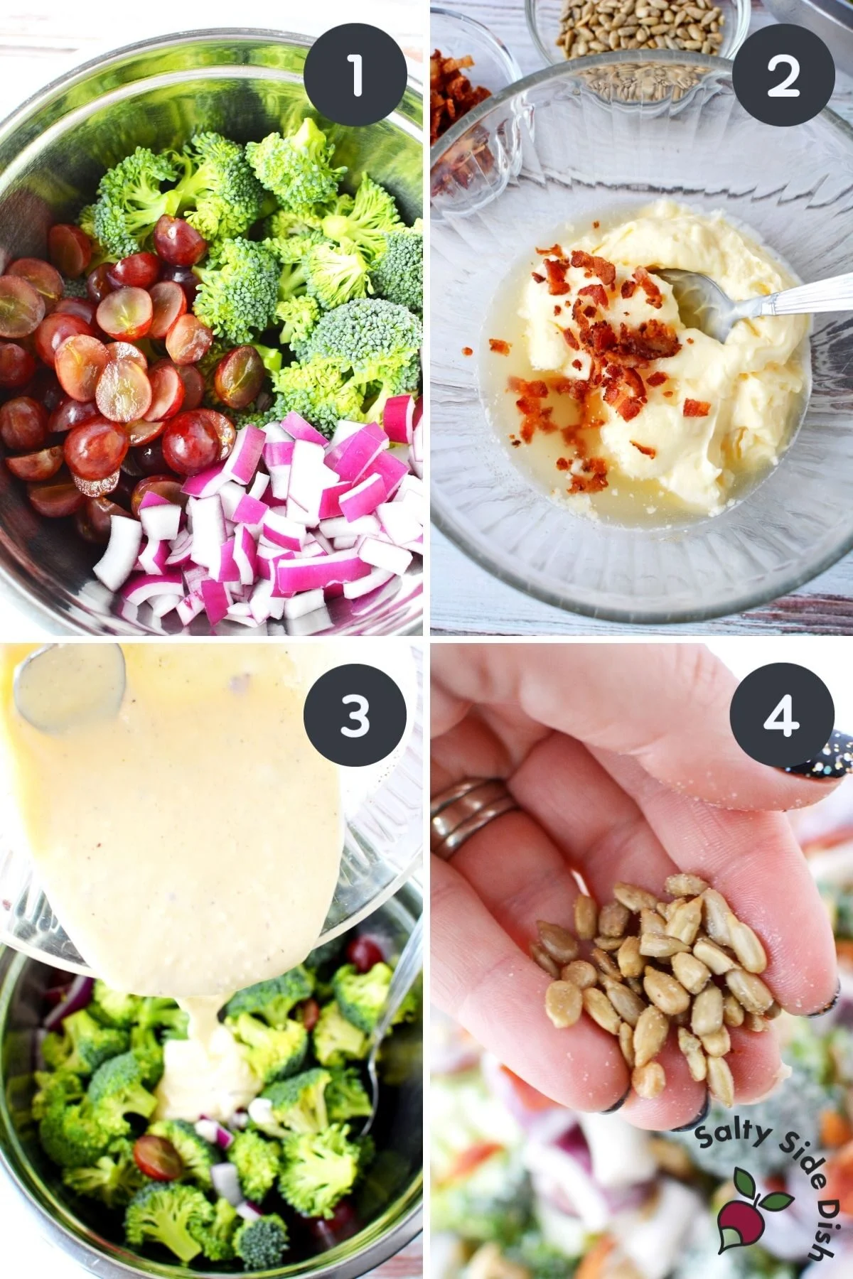 collage of images showing how to make broccoli grape salad with red grapes.