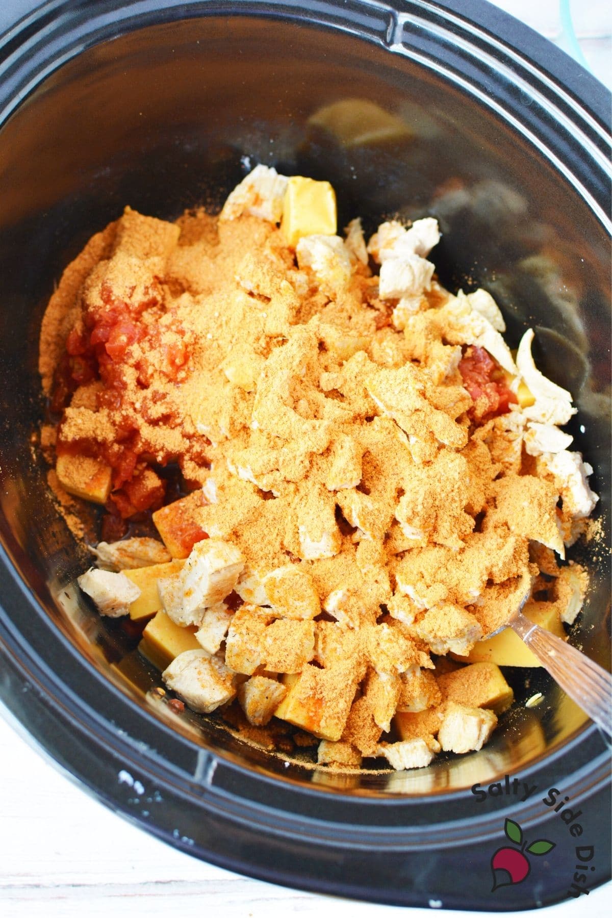 slow cooker with chicken, Rotel, taco seasoning