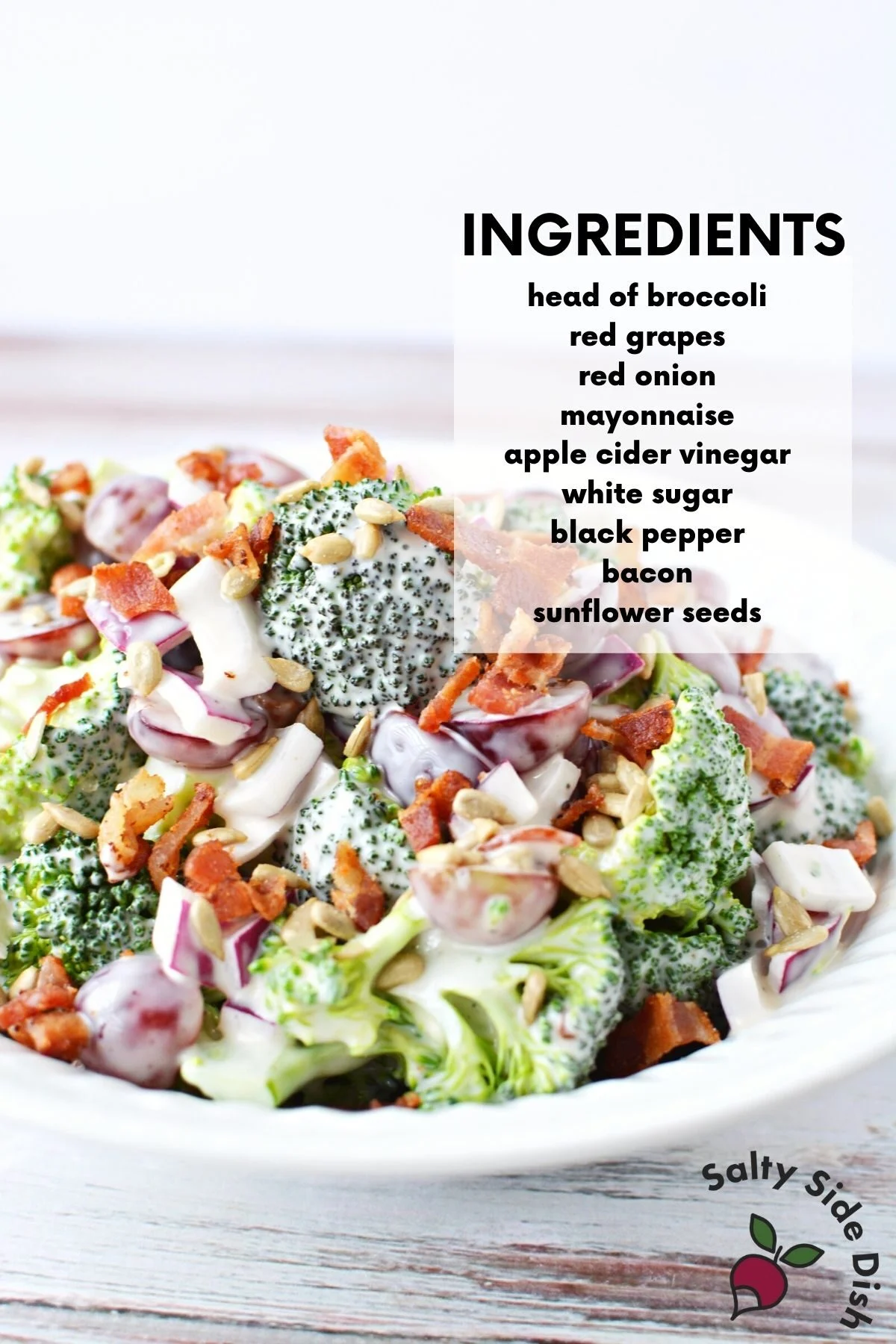 close up list of ingredients for broccoli salad recipe.