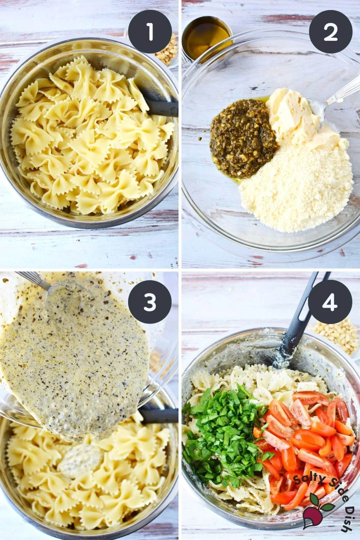collage of steps on how to make bowtie pesto salad.