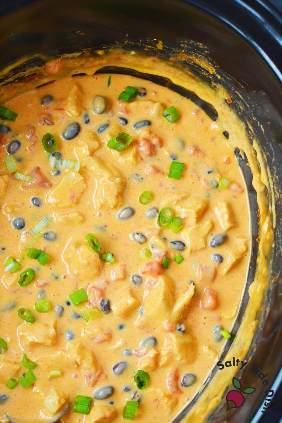 velveeta nacho cheese dip with tomatoes, beans and chicken in a slow cooker