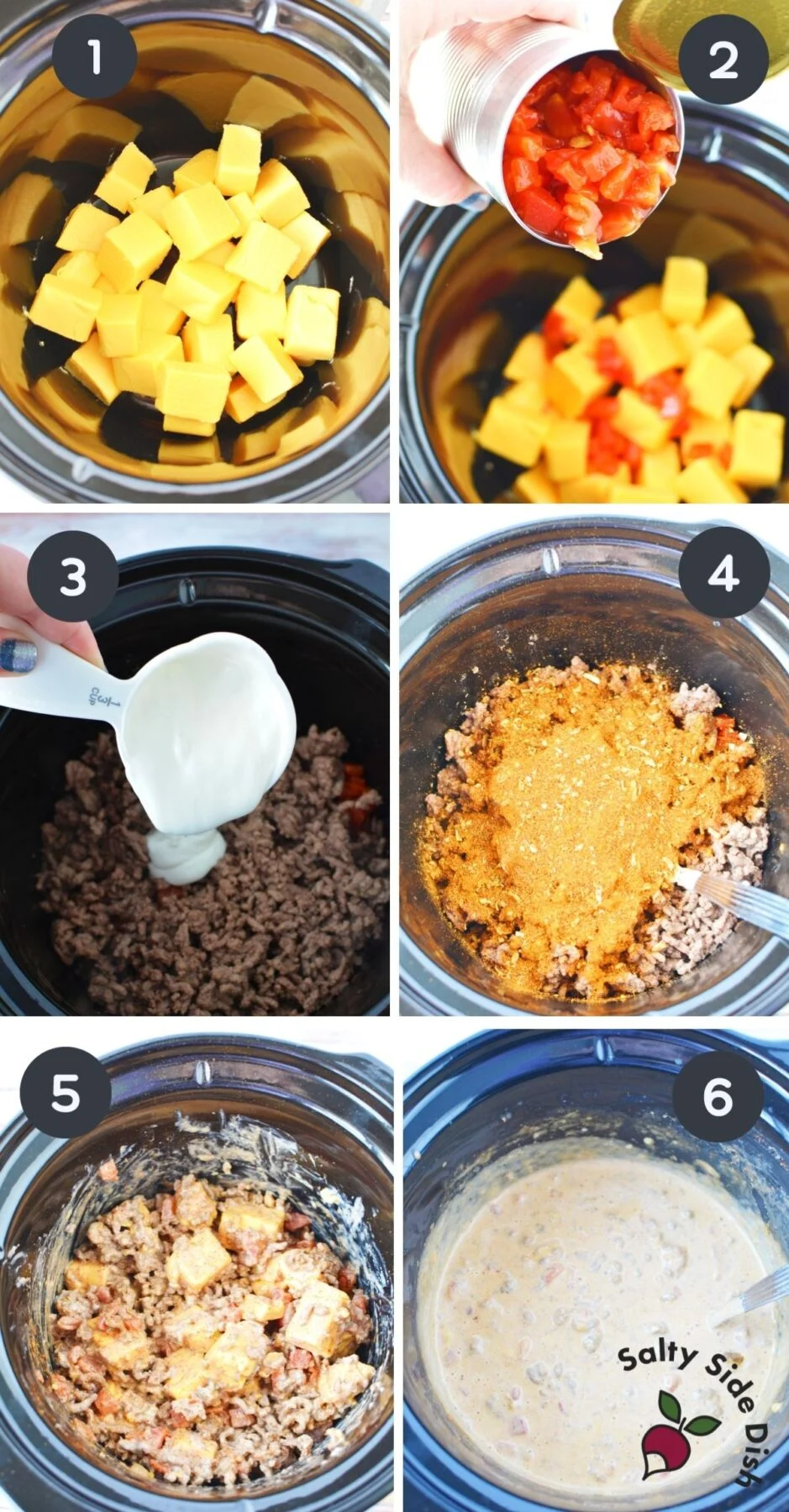 6 collage images showing progression of adding ingredients to a crockpot.