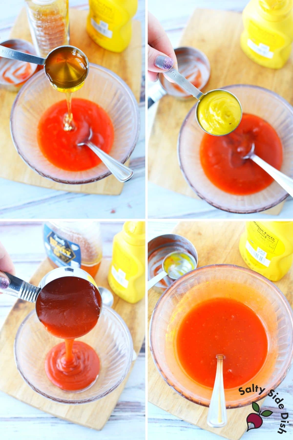 adding all ingredients into a clear bowl for sauce recipe