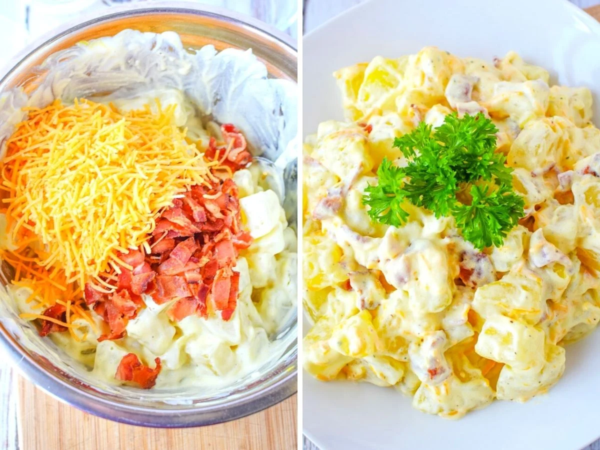 2 image collage of adding cheese and bacon to potato salad and mixing.