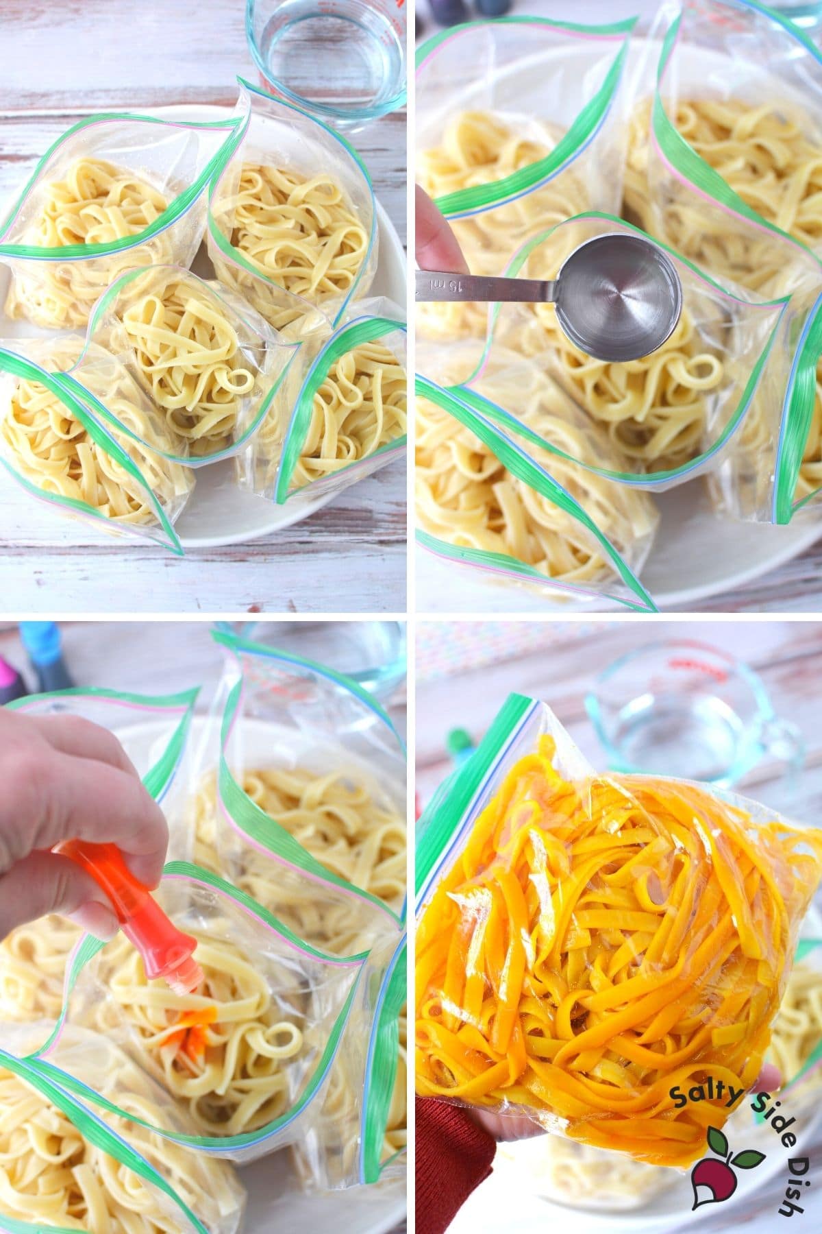 adding pasta to a bag with food coloring