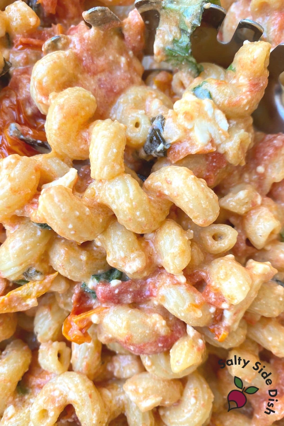 cavatappi pasta with feta cheese in a dish