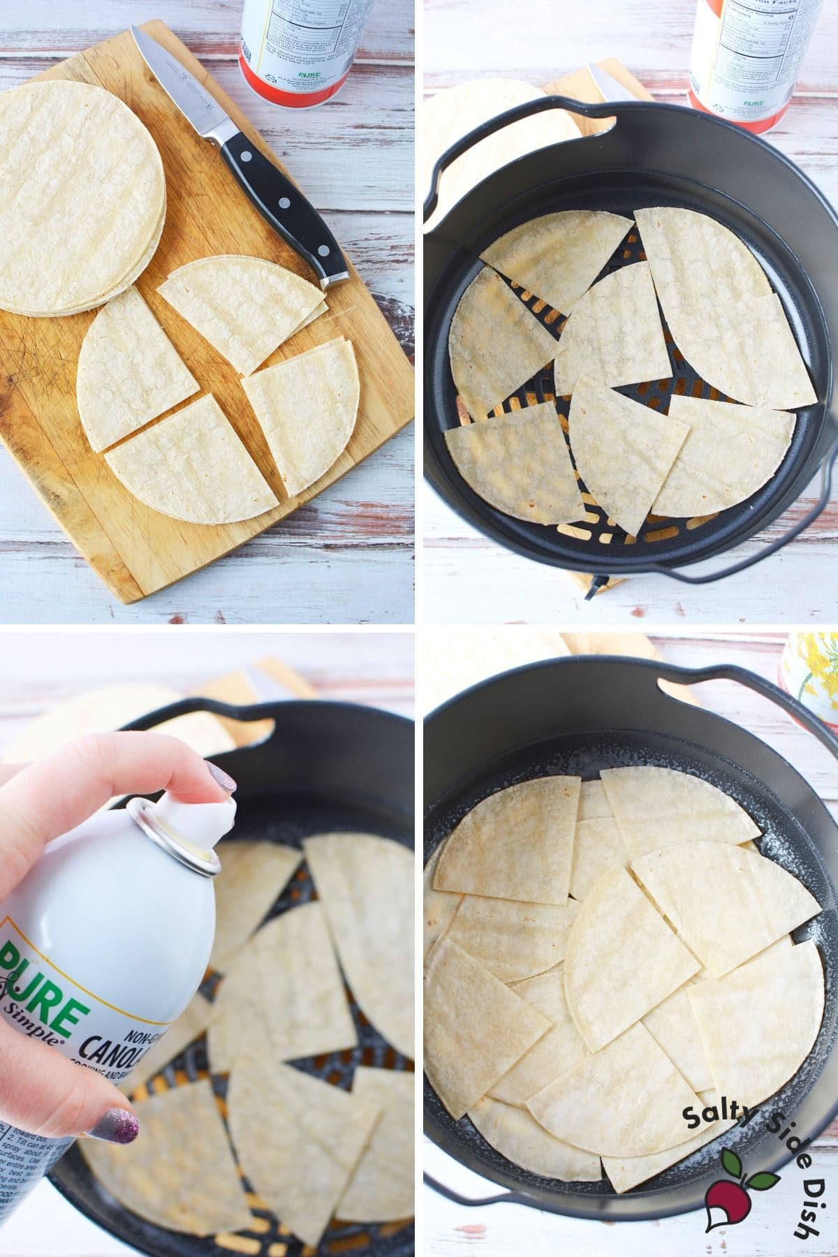 white corn tortillas in the bottom of a ninja foodi air crisp basket