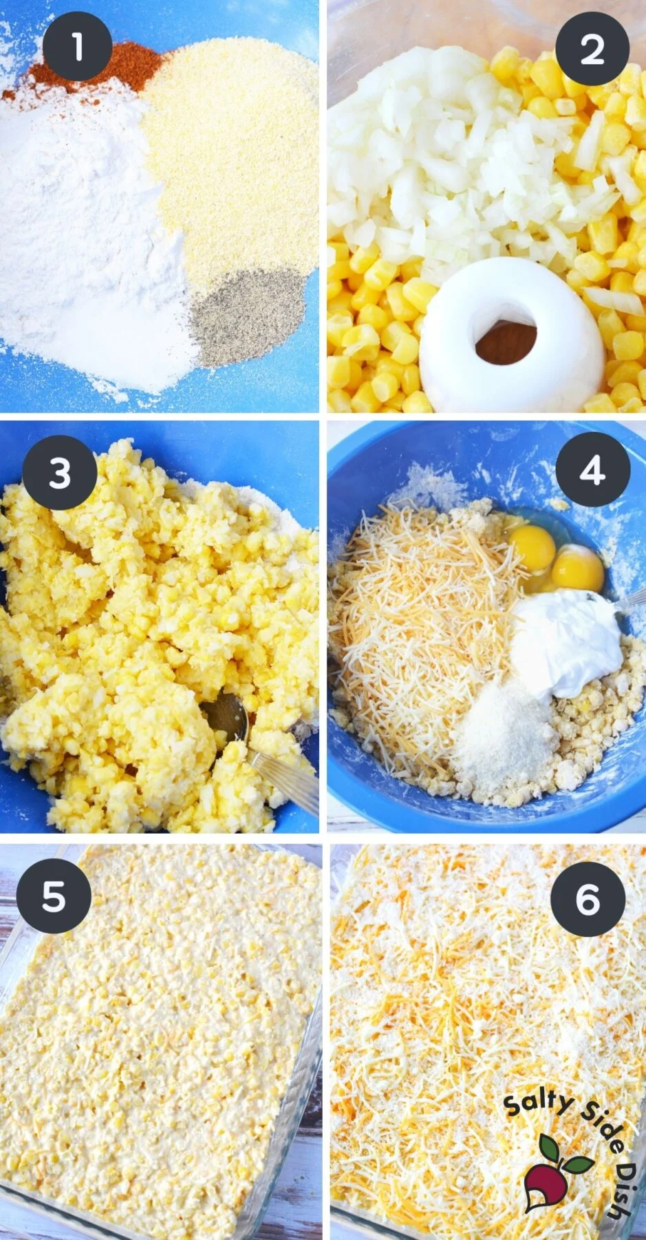 collage of images containing spices, corn and flour mixture together in a bowl.