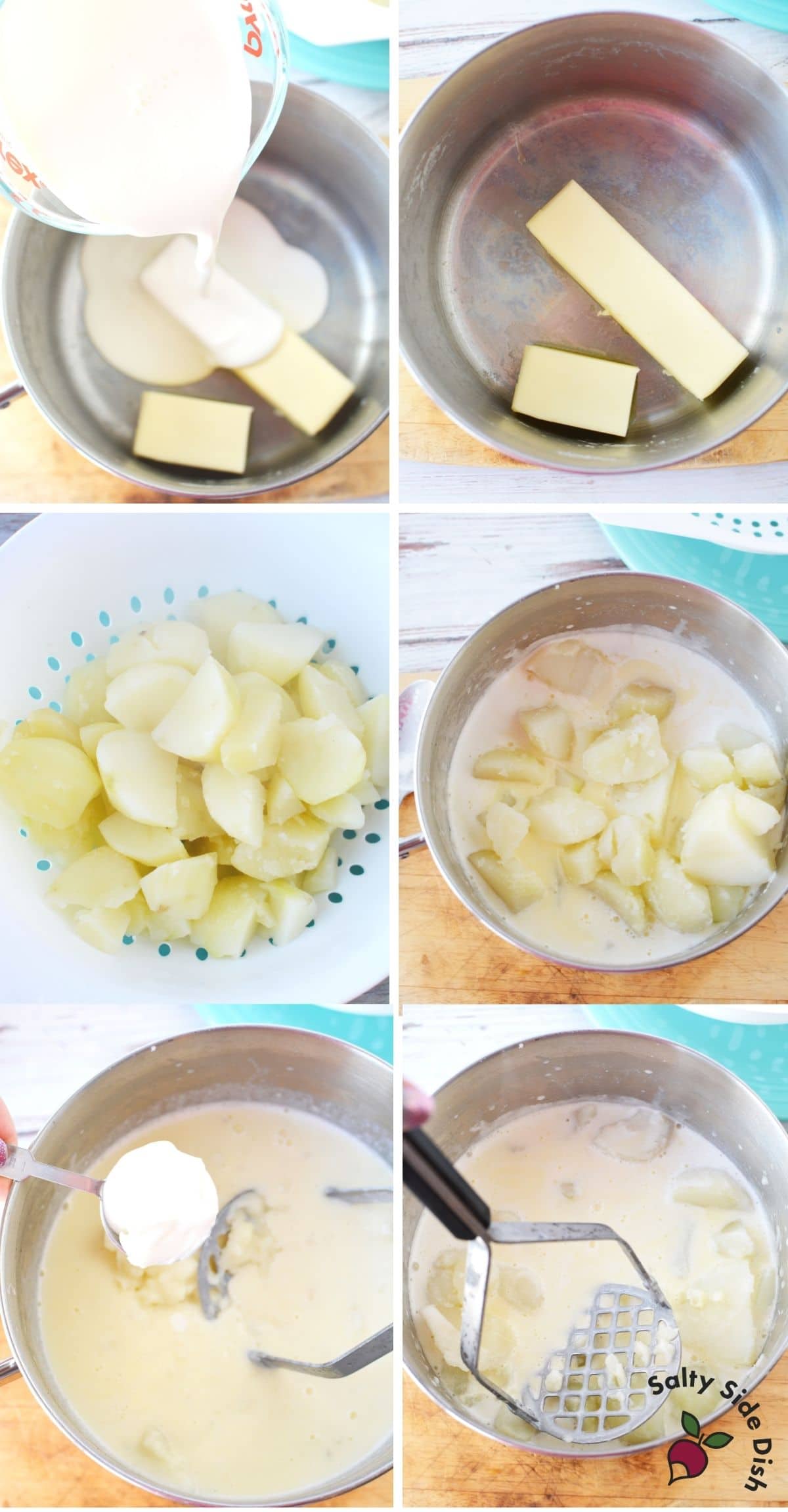 adding butter and cream to sauce pan and potatoes over stove
