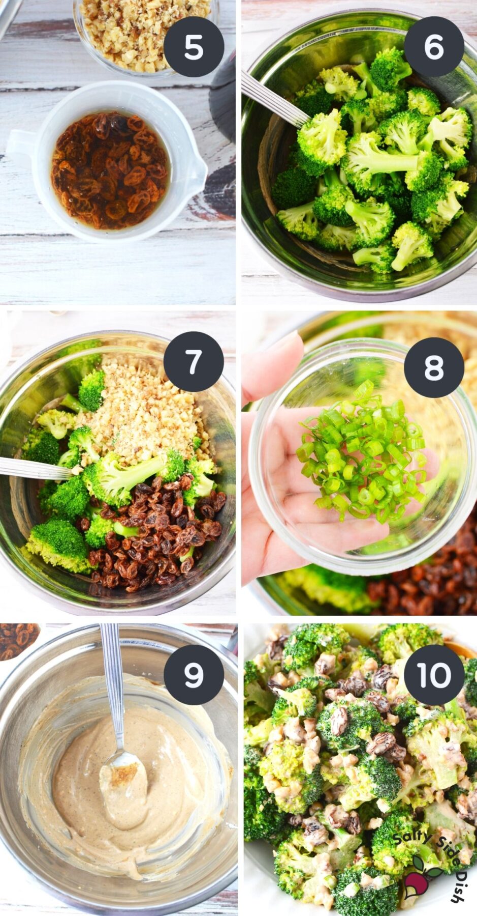 collage of 6 images with raisin broccoli salad being made