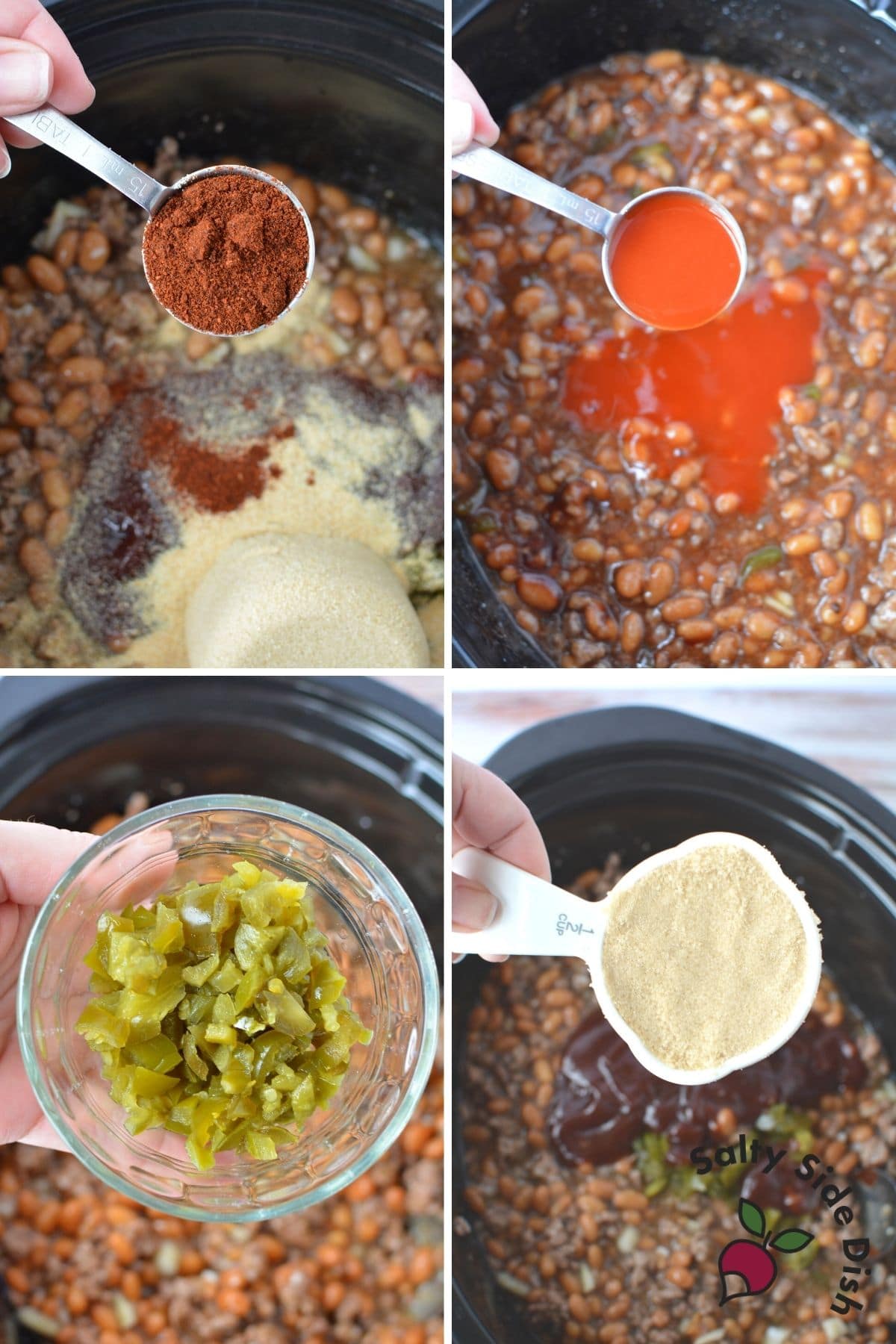 adding slow cooker baked beans ingredients into slow cooker