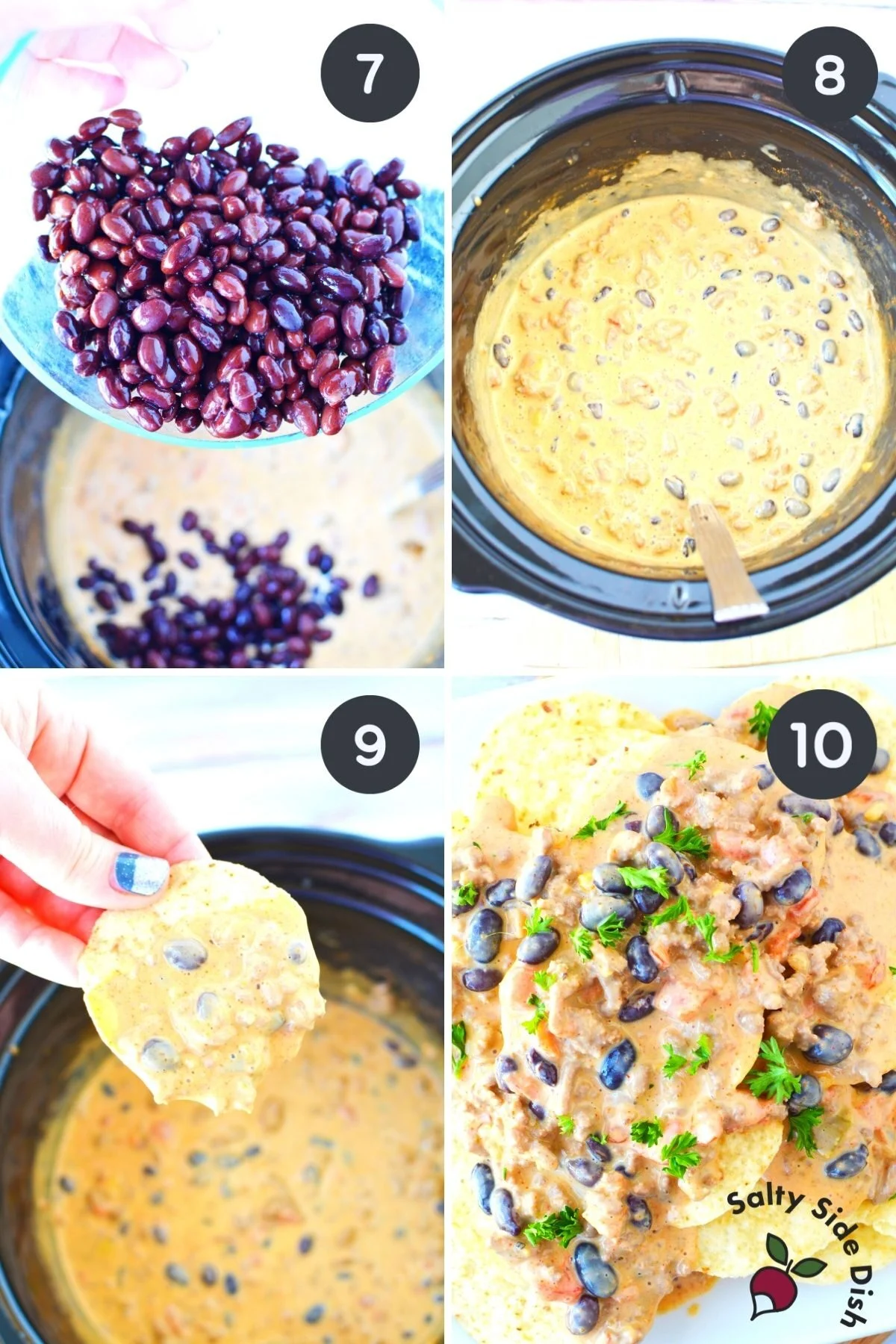 4 image collage adding beans and melting dip into crockpot for the recipe.