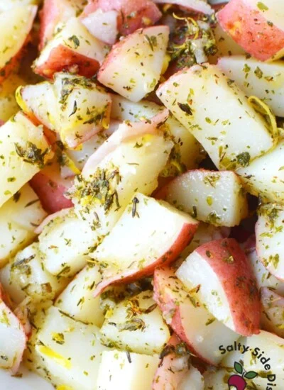 red potatoes warm on a baking sheet