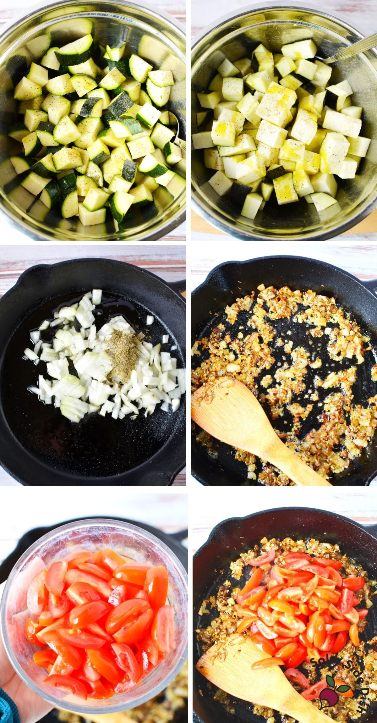 baked eggplant with onions and tomatoes in a cast iron pan