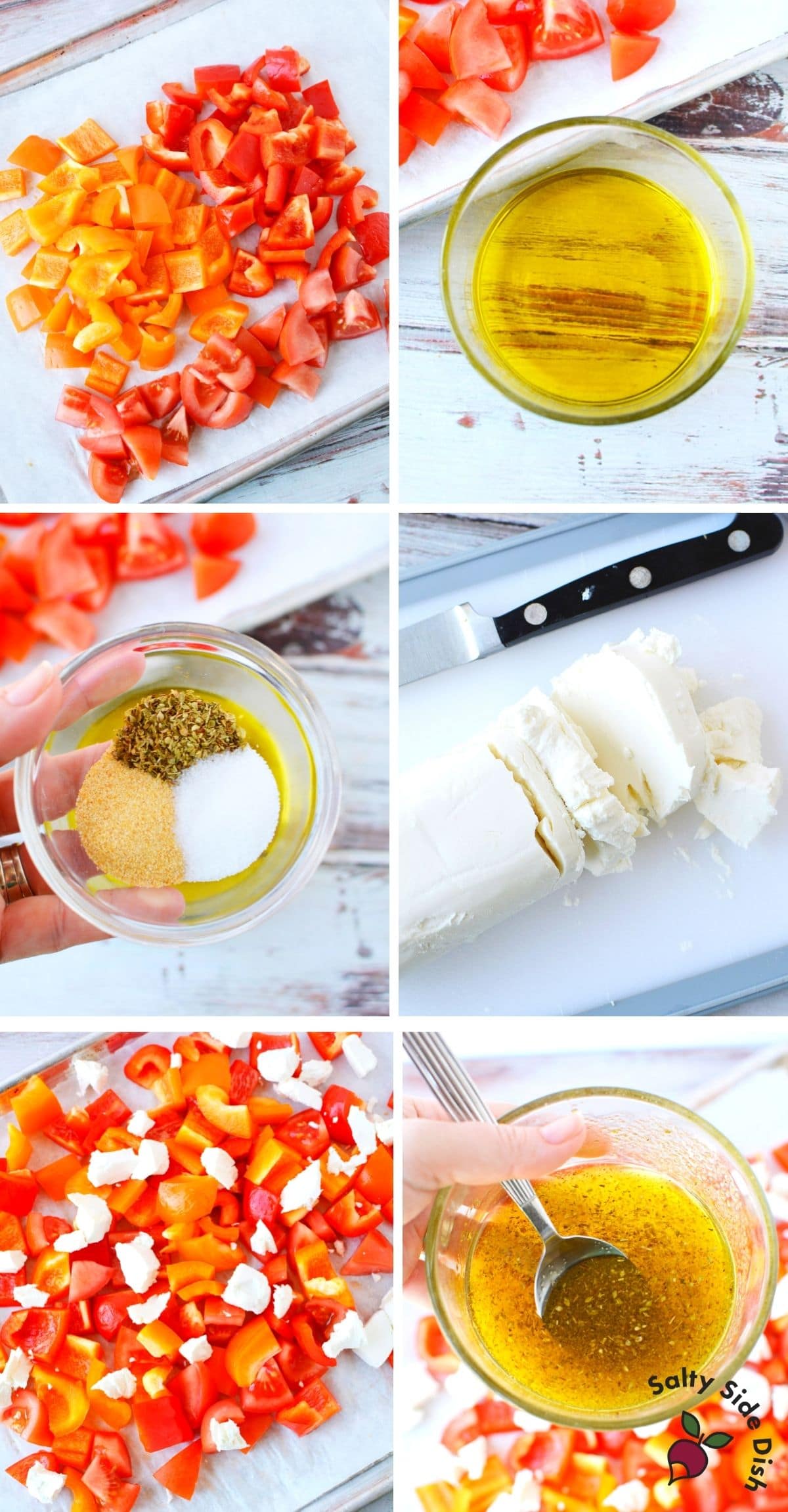 prepping greek salad vegetables and lemon dressing