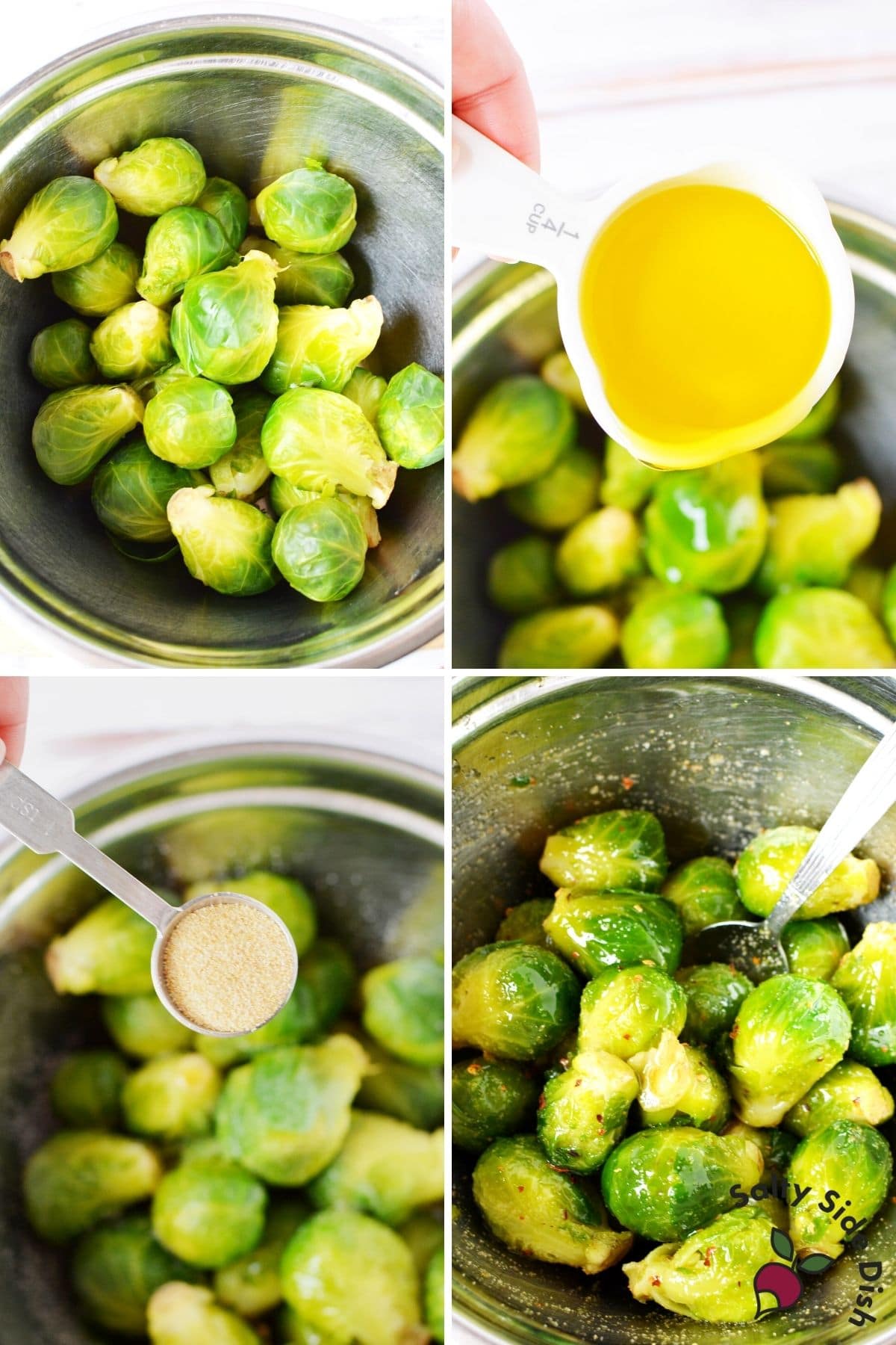 adding brussels sprouts to metal bowl and seasoning