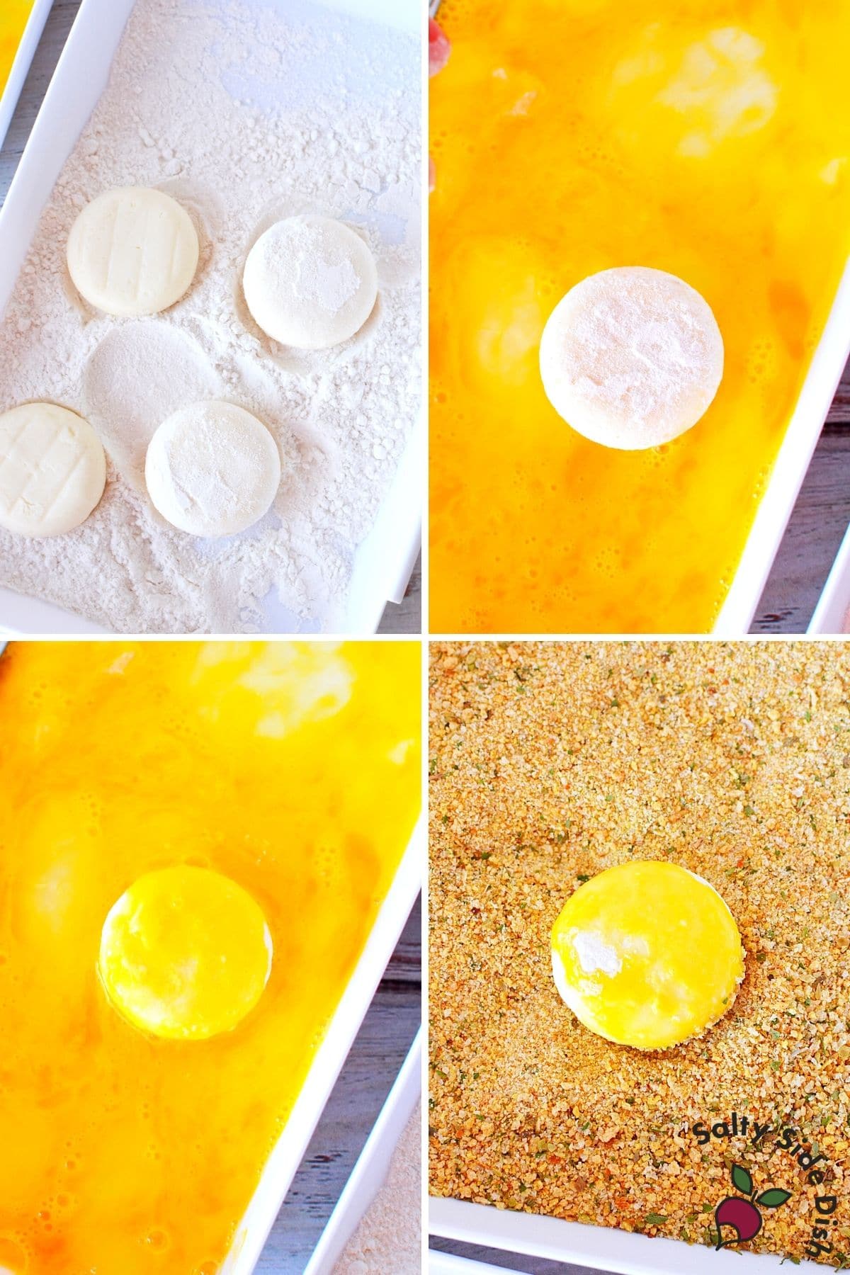 adding eggs and bread crumbs to dishes for fried cheese