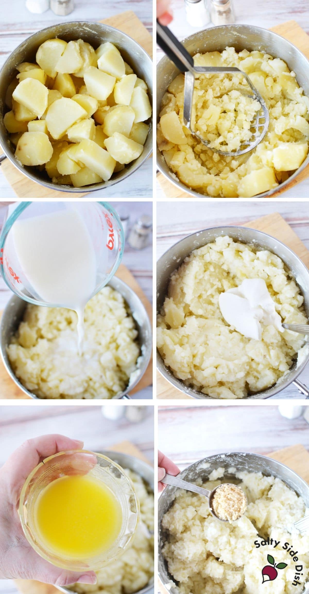 mashed potato casserole recipe adding ingredients into a bowl