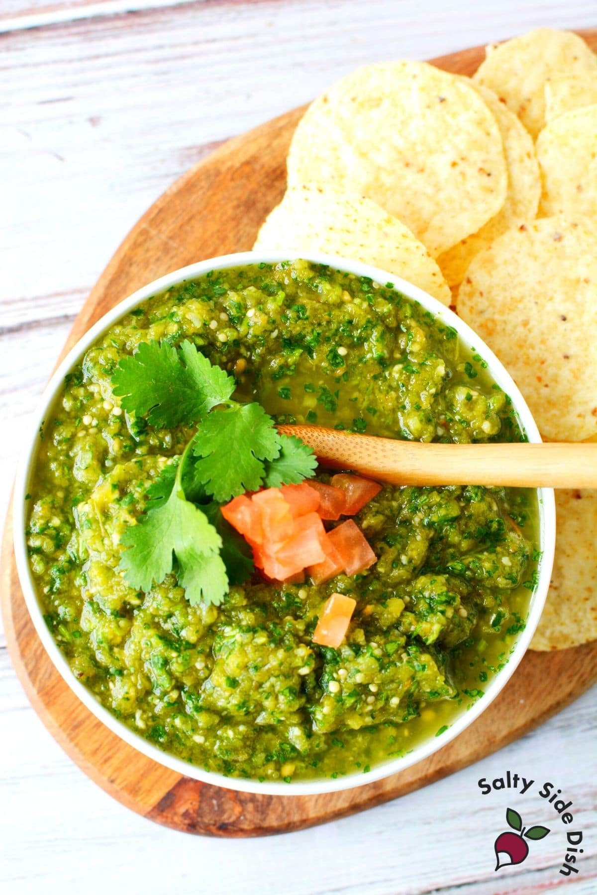 salsa verde in a bowl with chips