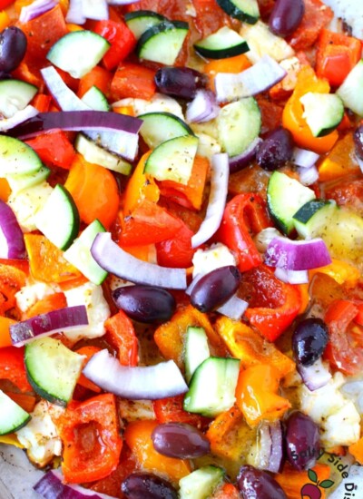 roasted Greek salad on a sheet pan