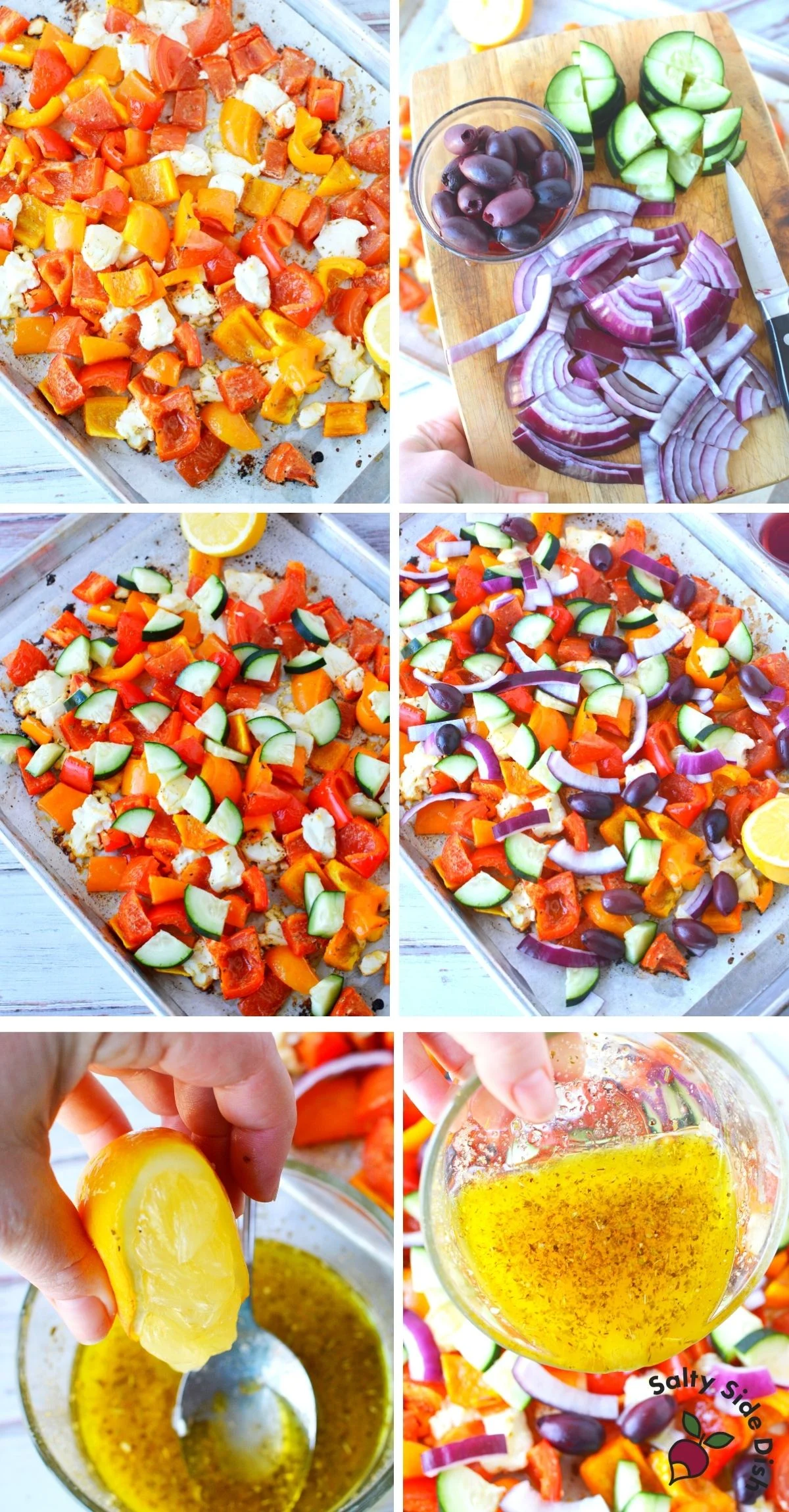 add raw vegetables and lemon dressing into Greek salad