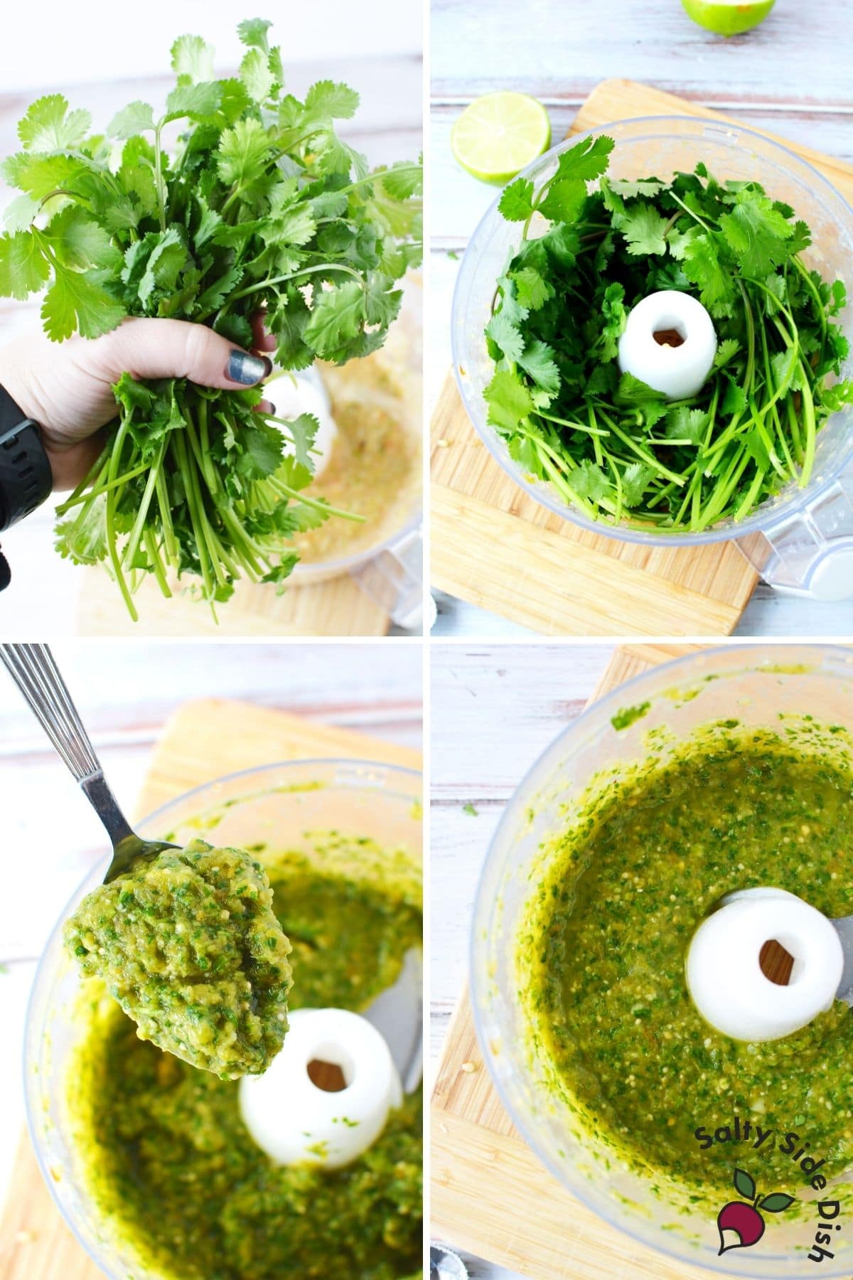 adding cilantro into salsa verde