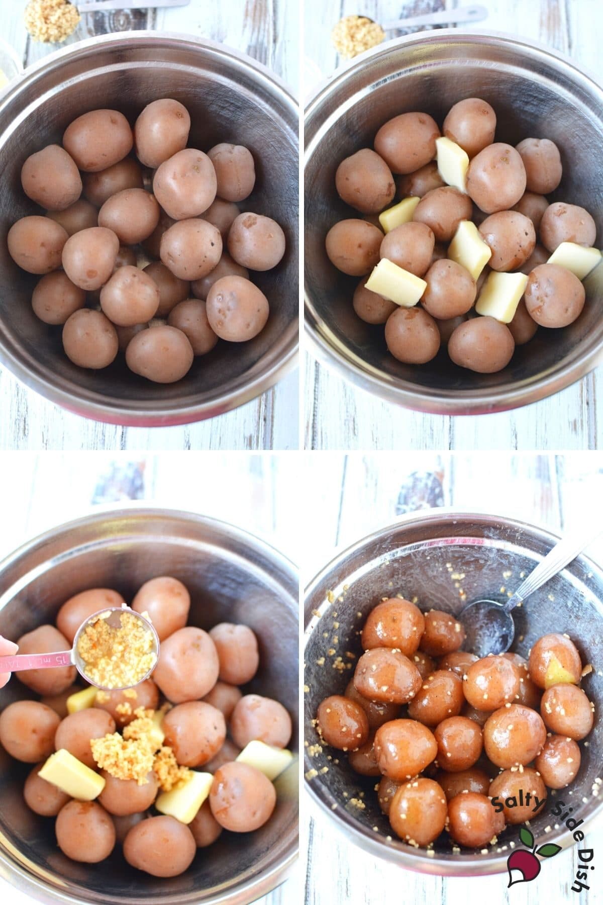 boiled red potatoes in a mixing bowl with butter and garlic