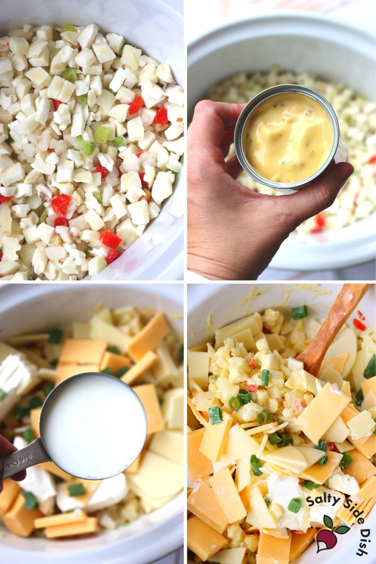adding ingredients for slow cooker gouda potatoes