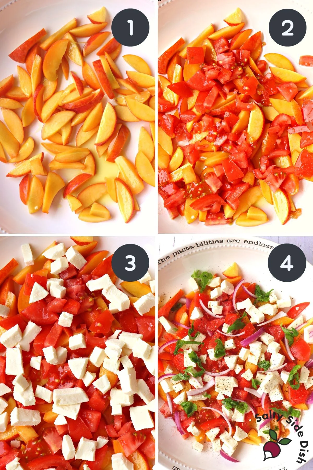 peach caprese ingredients in a bowl.