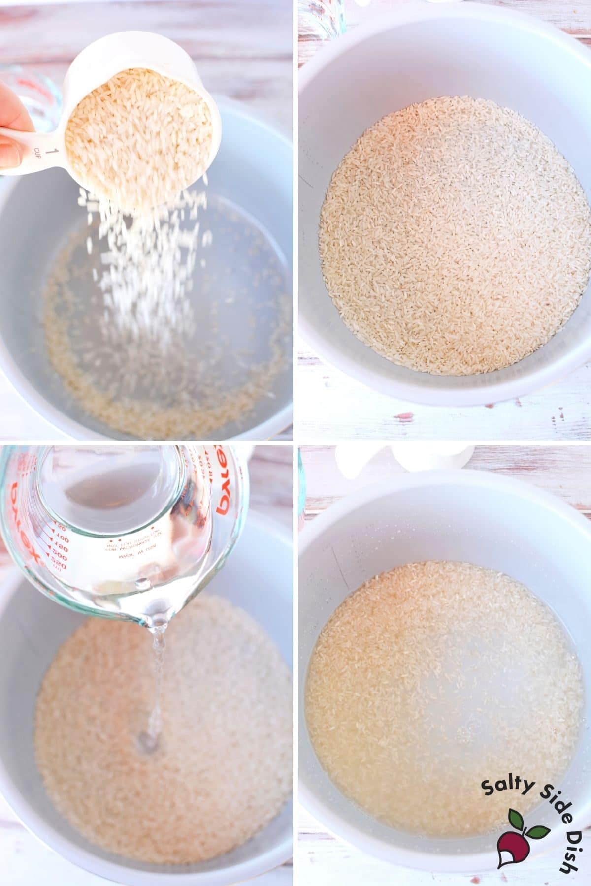 adding rice and water into a ninja foodi innerpot