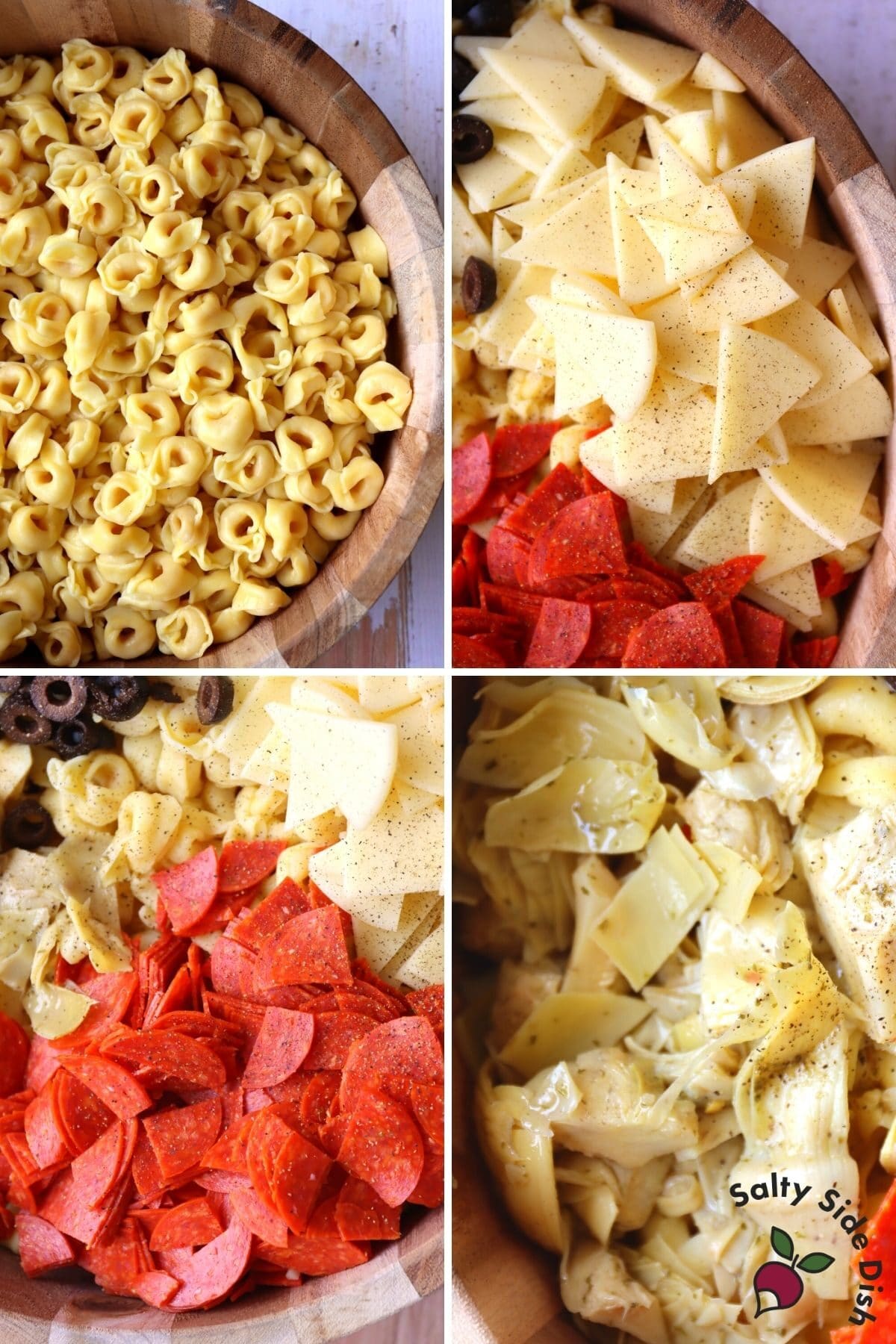 cooked pasta, cheese, pepperoni and artichokes