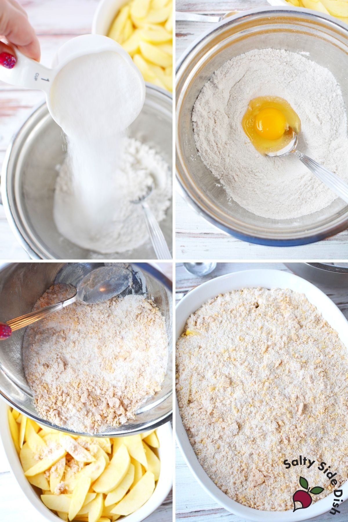 sugar and cinnamon in a bowl being dumped onto apples