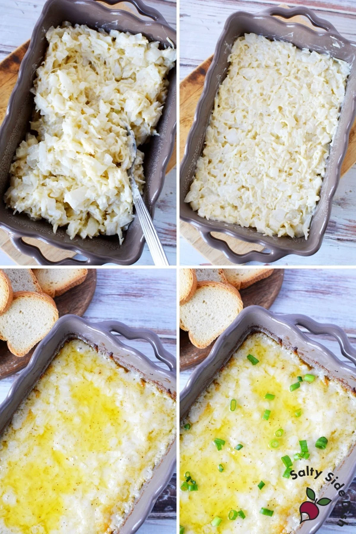 collage showing how easy it is to bake onion dip with real onions